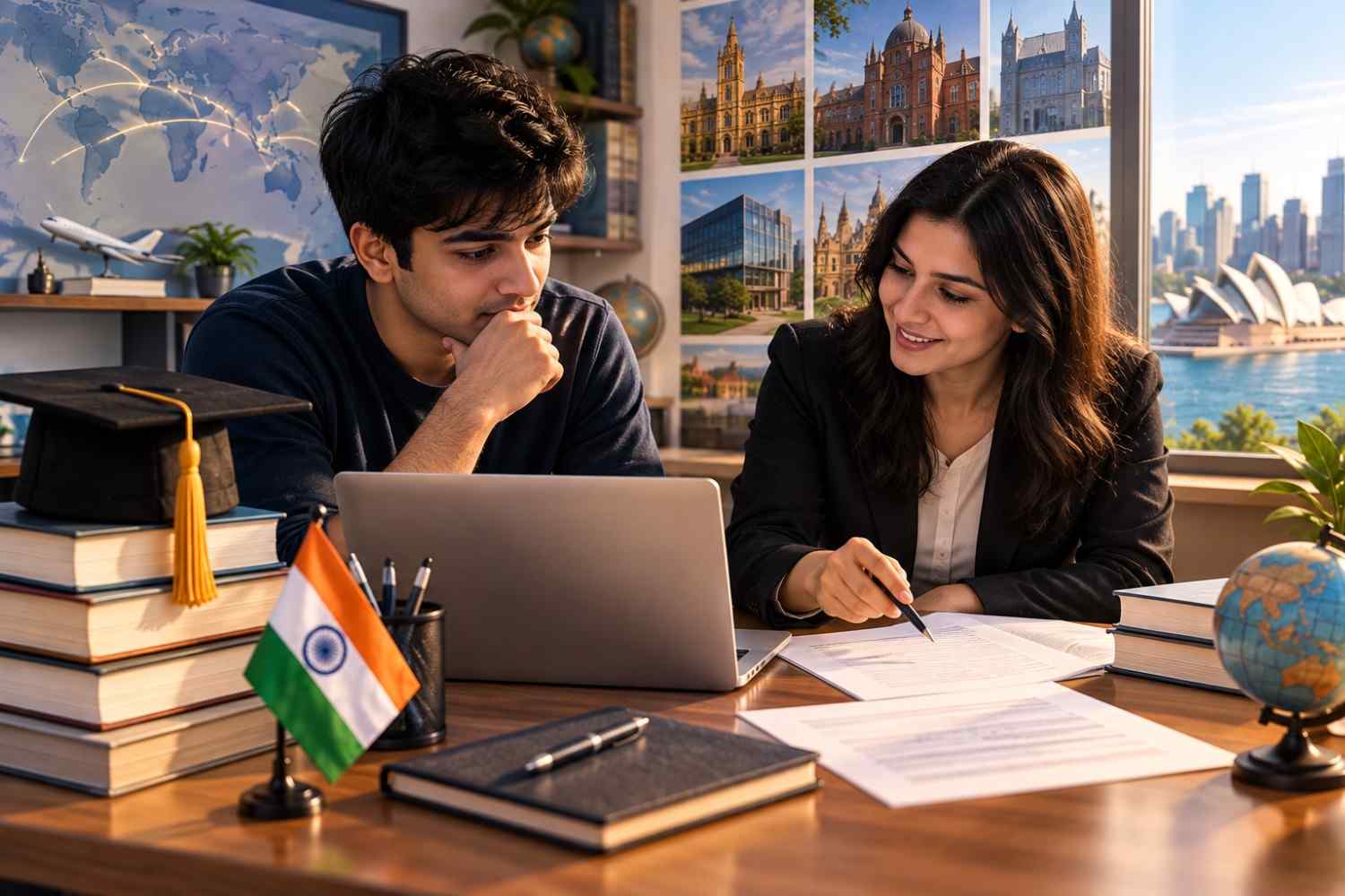 Indian student reviewing MBA application essays with a consultant at a desk, surrounded by academic documents, books, a laptop, graduation cap, Indian flag, globe, and international university imagery.